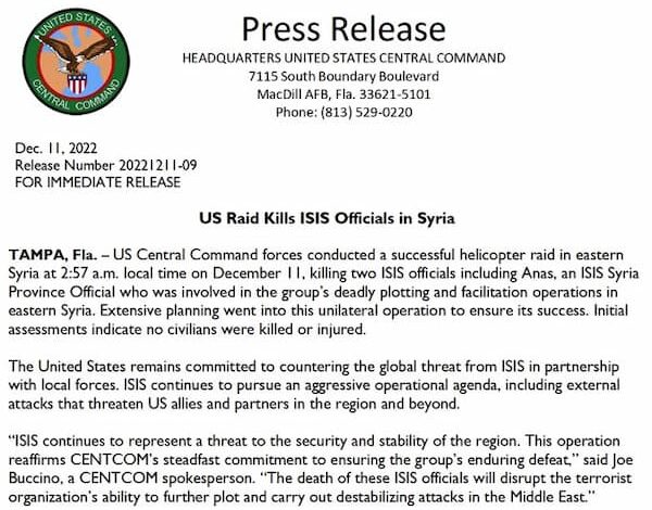 الاحتلال الأمريكي يعلن "مقتل" اثنين من مسؤولي تنظيم "داعش" في دير الزور