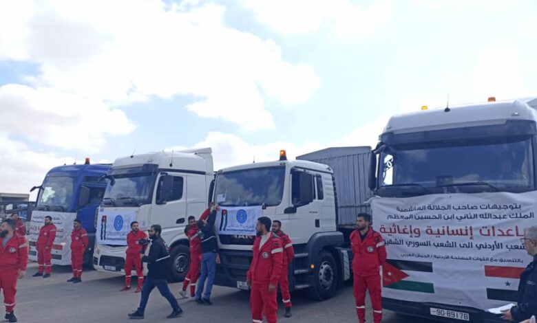 وصول 14 شاحنة إغاثة أردنية للمنكوبين من الزلزال
